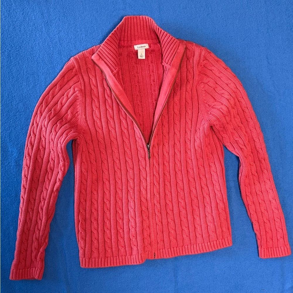 L.L.Bean Full Zip Cable Knit Cardigan Womens Sz L Coral 100% Cotton